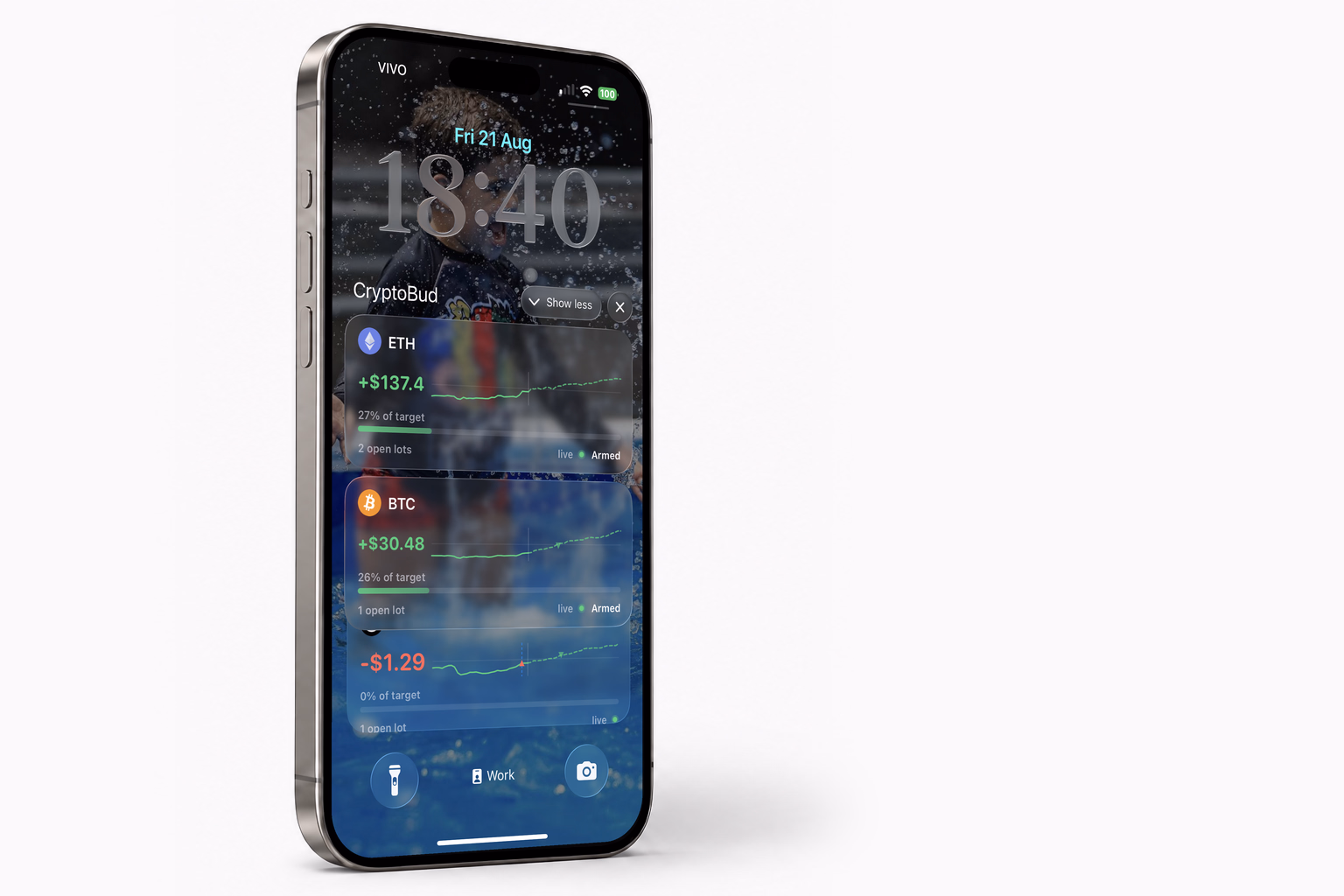 CryptoBud lock-screen widgets showing live BTC, ETH, and SOL activity.