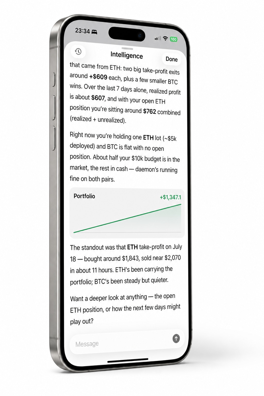 Bud Intelligence chat analyzing portfolio trades, profit, and ETH exits.