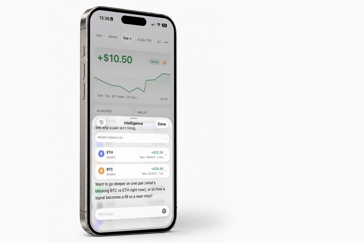 AI crypto trading bot chat analyzing portfolio trades, profit, and ETH exits.