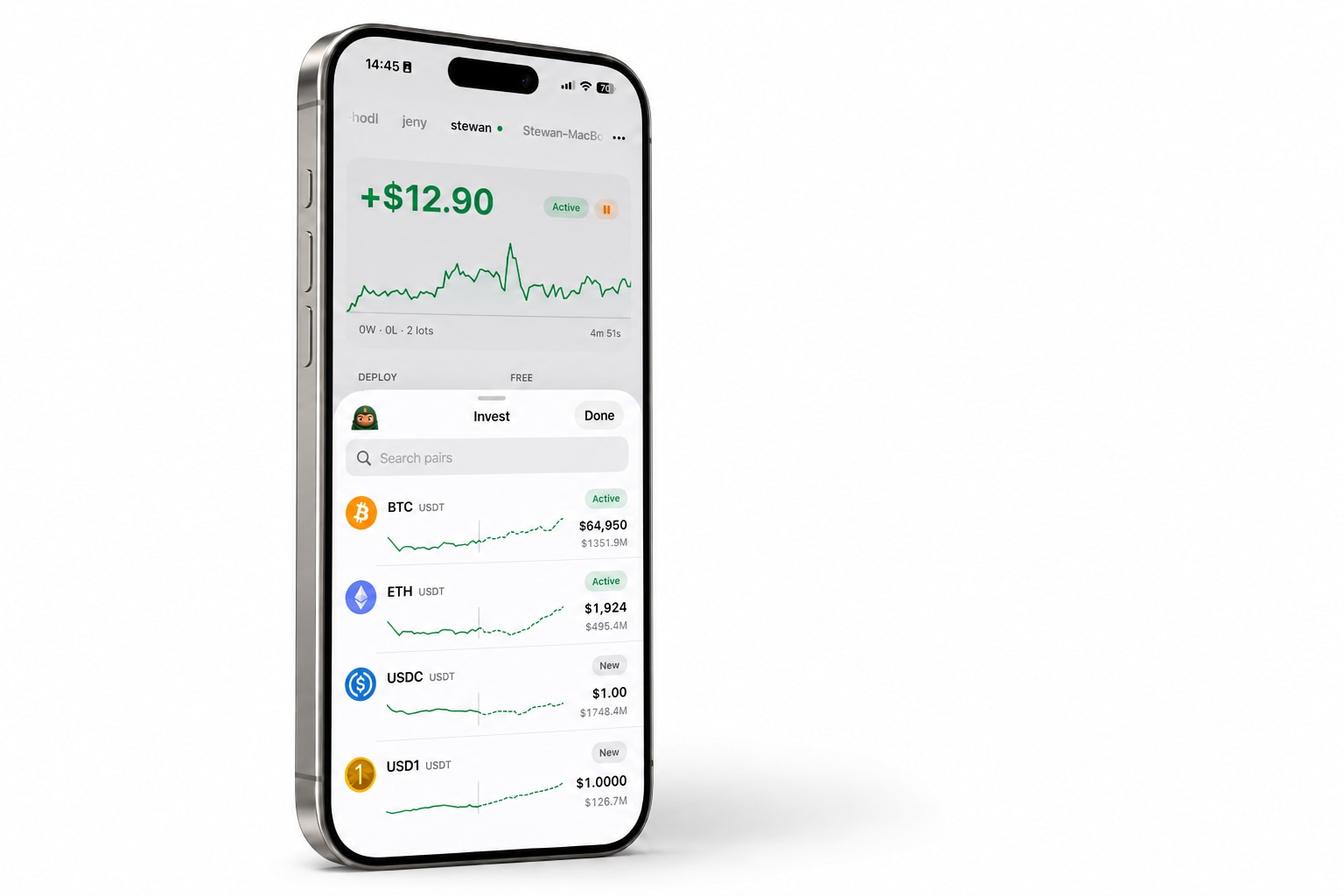 CryptoBud market pairs screen with live prices and active strategies.