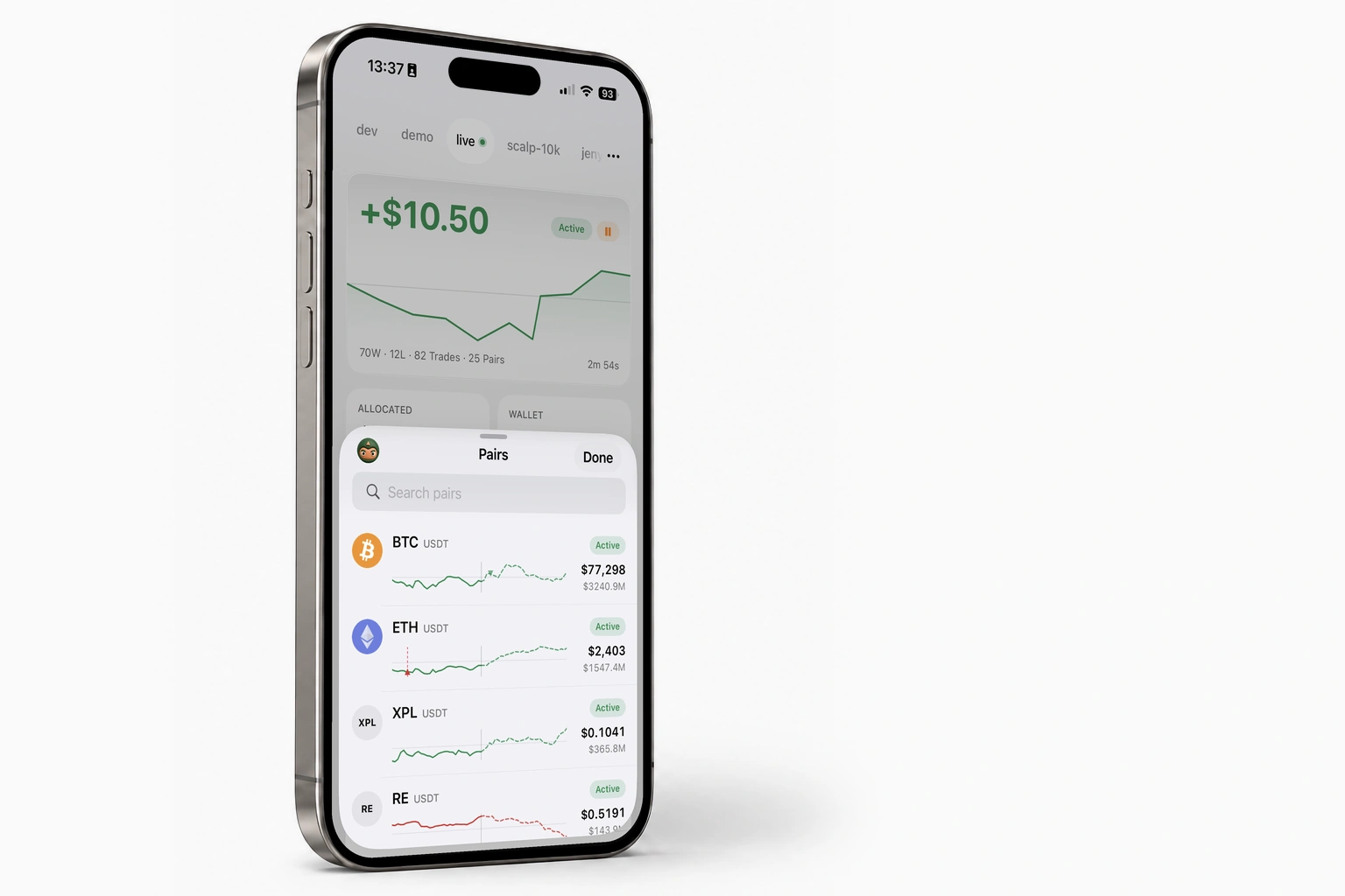 CryptoBud market pairs screen with live prices and active strategies.