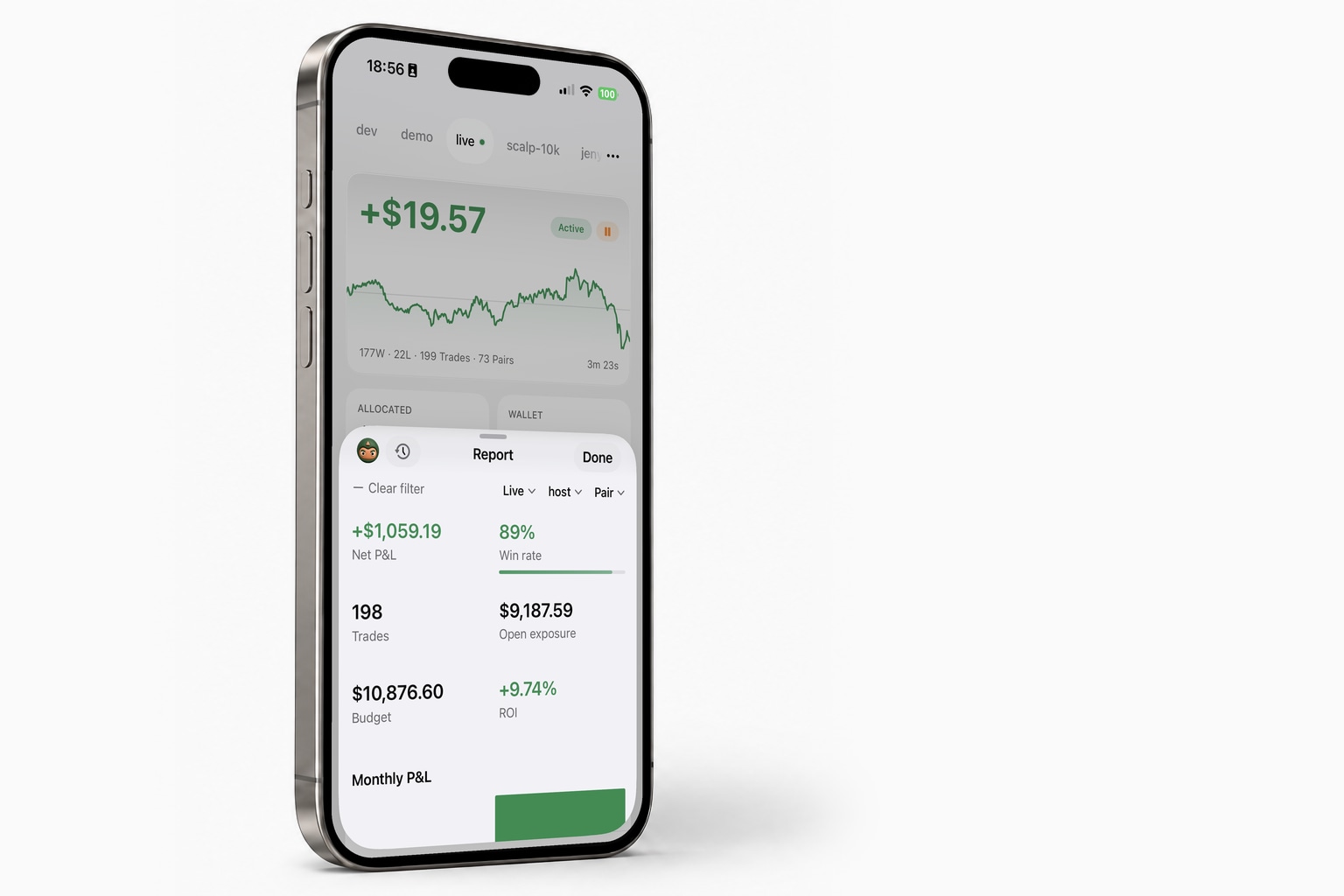 CryptoBud realtime reports screen with balance, ROI, and trade history.