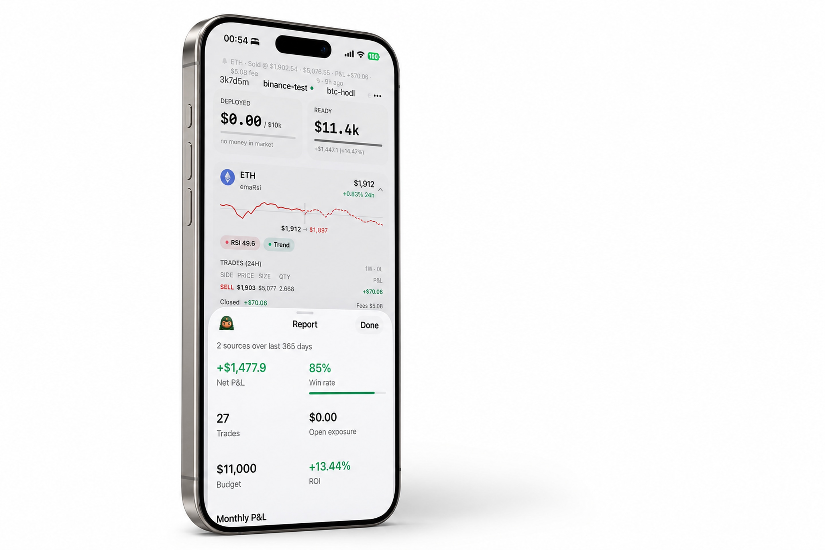 CryptoBud realtime reports screen with balance, ROI, and trade history.